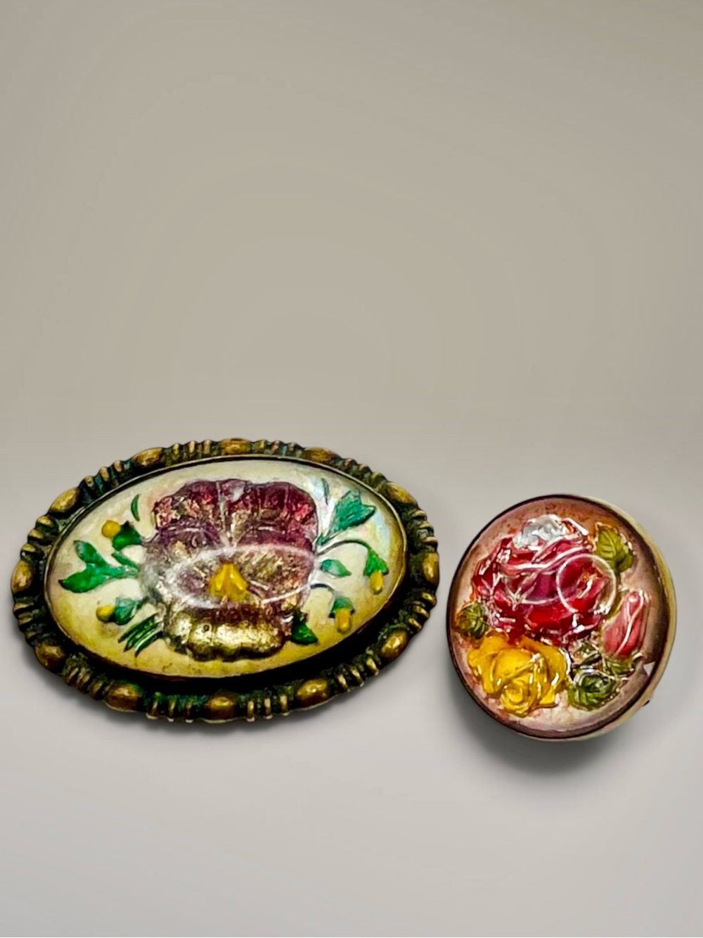 Antique Vintage Goofus Glass Brooch & Pin Set Reverse Painted Intaglio Floral